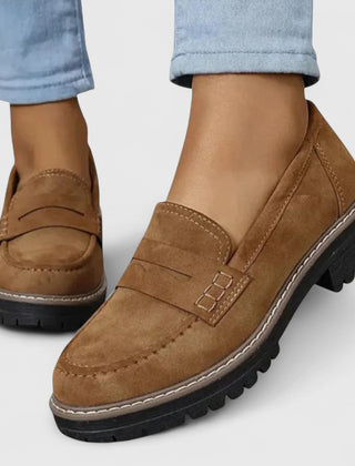 Orthopaedic loafers in tan suede with buckle strap and chunky tread rubber sole