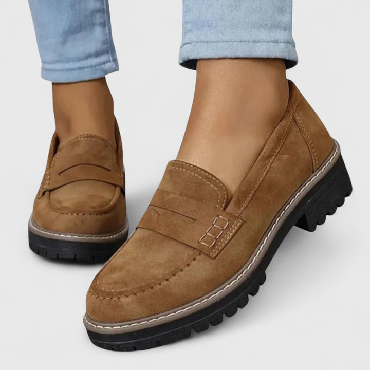 Orthopaedic loafers in tan suede with buckle strap and chunky tread rubber sole