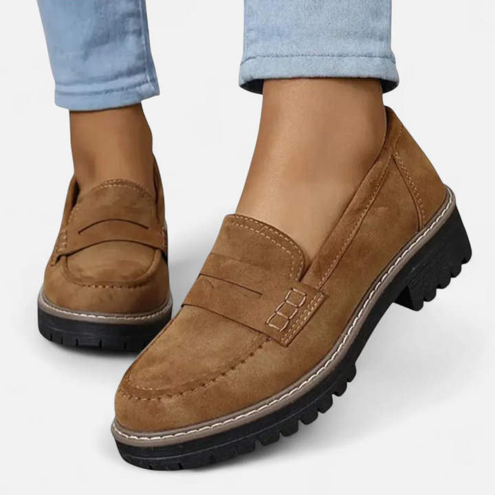 Kaye™ brown loafers with buckle strap, suede moc seams, and contrast-trim lug sole