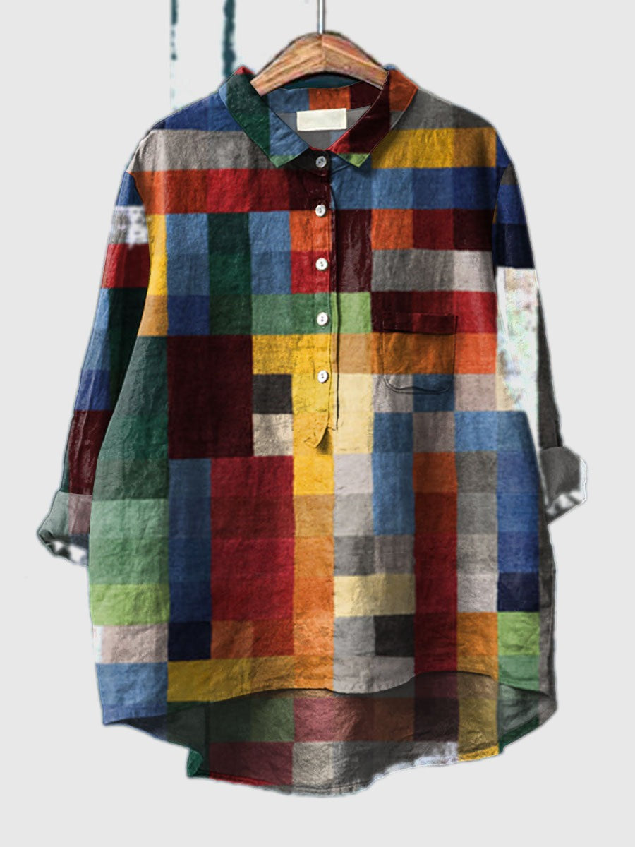 Multicolor color-block print shirt, button-front collared, long sleeves