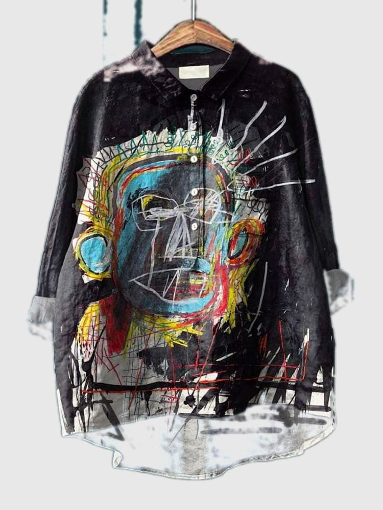 Black abstract art button-up shirt with colorful face graphic and paint strokes