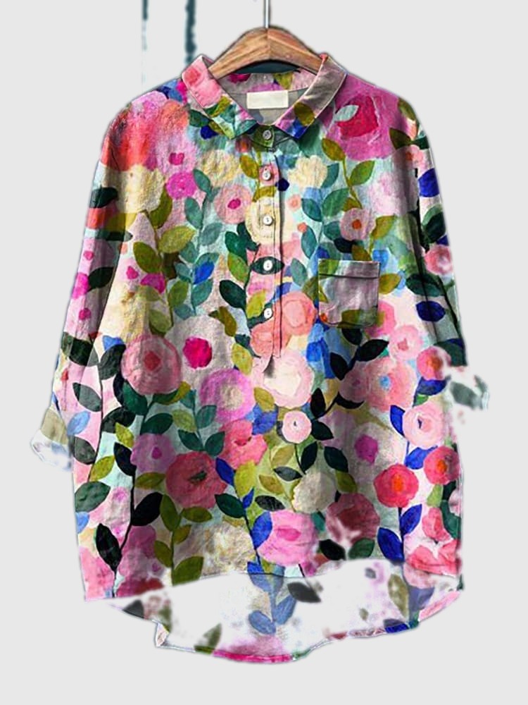 Vibrant floral button-up shirt with long sleeves and patch chest pocket