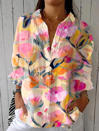 Multicolour painted poppy cotton-linen blouse with V-neck and button front