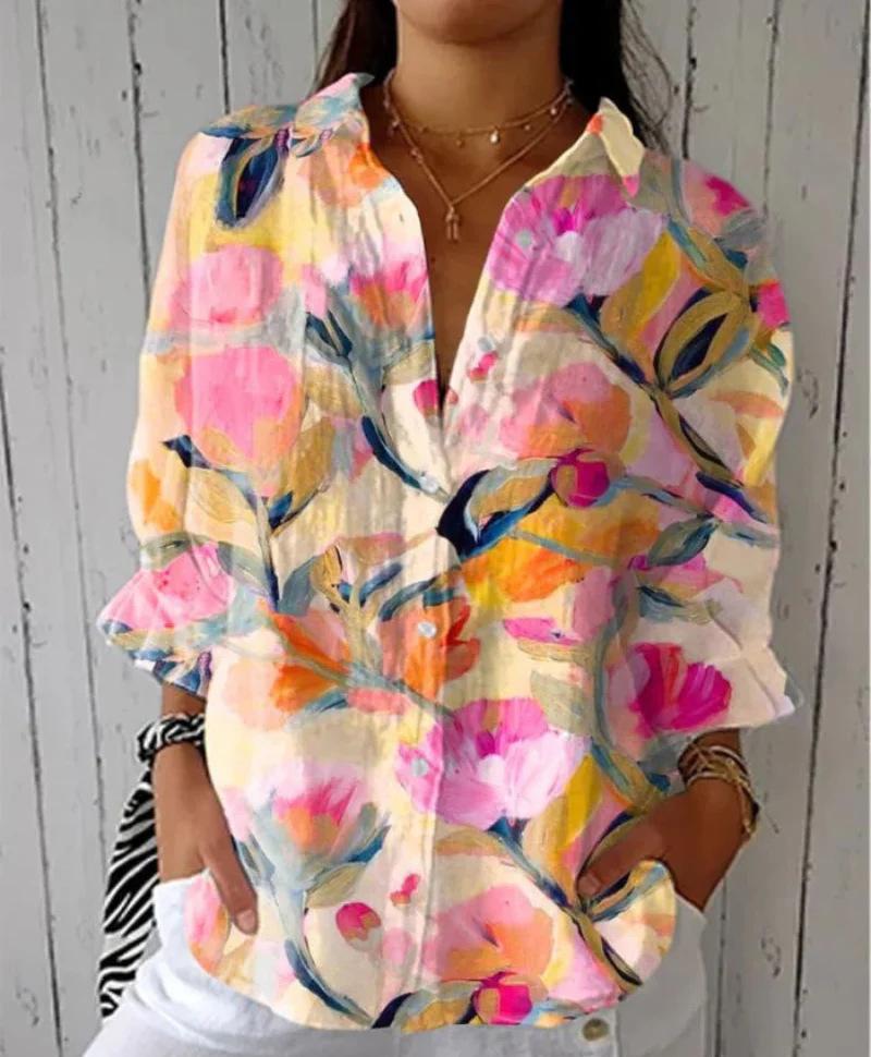 Multicolour painted poppy cotton-linen blouse with V-neck and button front