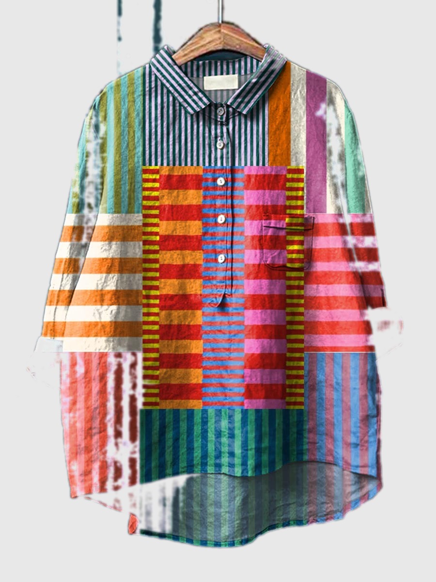 Multicolor colour block stripe button-up shirt, long sleeves and collared neckline