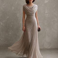 Beige draped cowl-neck maxi dress with cap sleeves and ruched waist