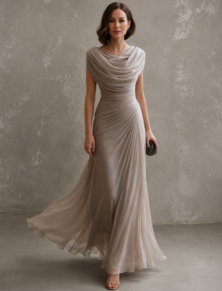 Beige draped cowl-neck maxi dress with cap sleeves and ruched waist