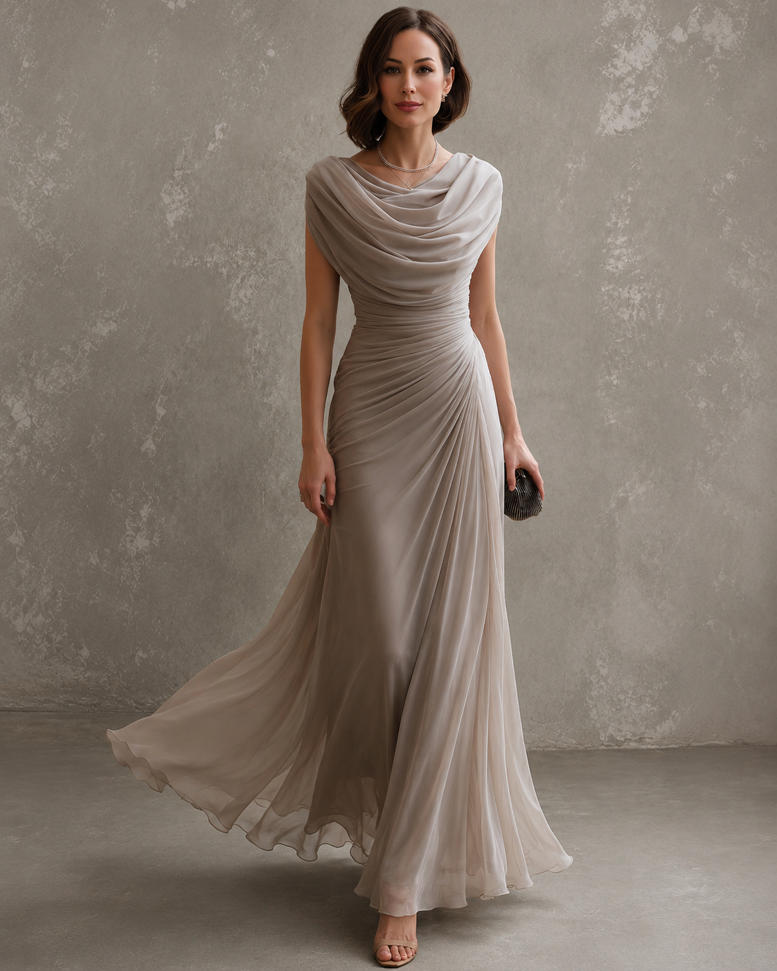 Beige draped cowl-neck maxi dress with cap sleeves and ruched waist