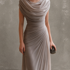 Beige draped cowl-neck maxi dress with cap sleeves and gathered ruched waist