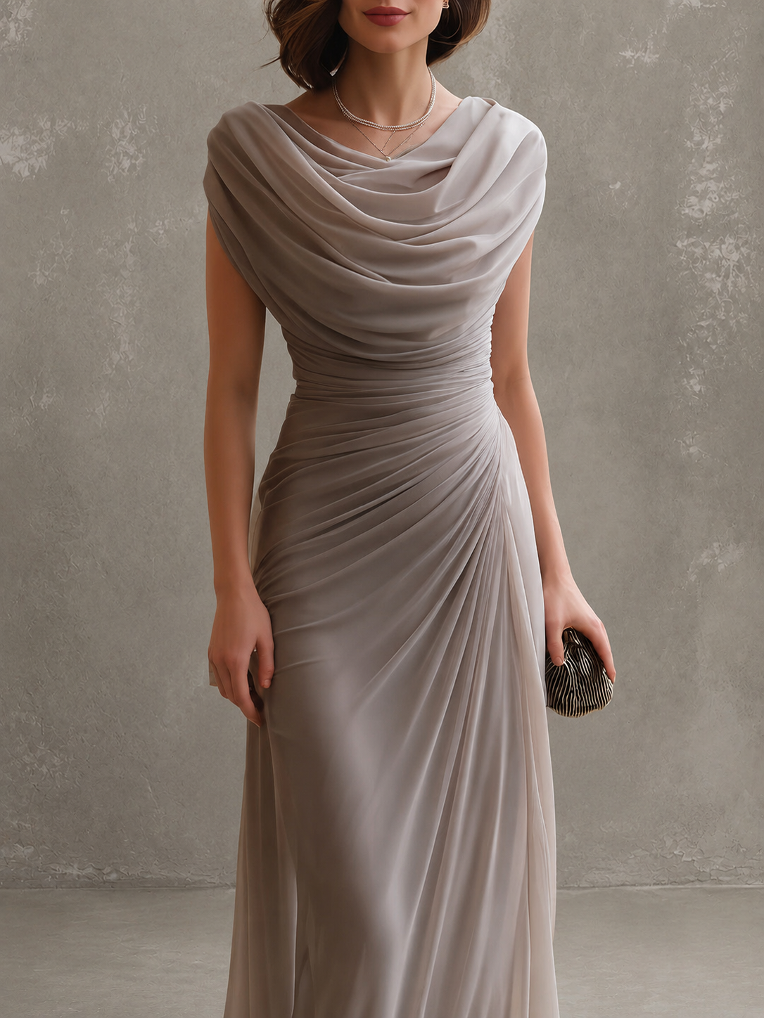 Beige draped cowl-neck maxi dress with cap sleeves and gathered ruched waist