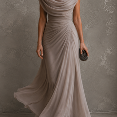 Beige draped cowl-neck maxi dress with cap sleeves and flowing gathered skirt