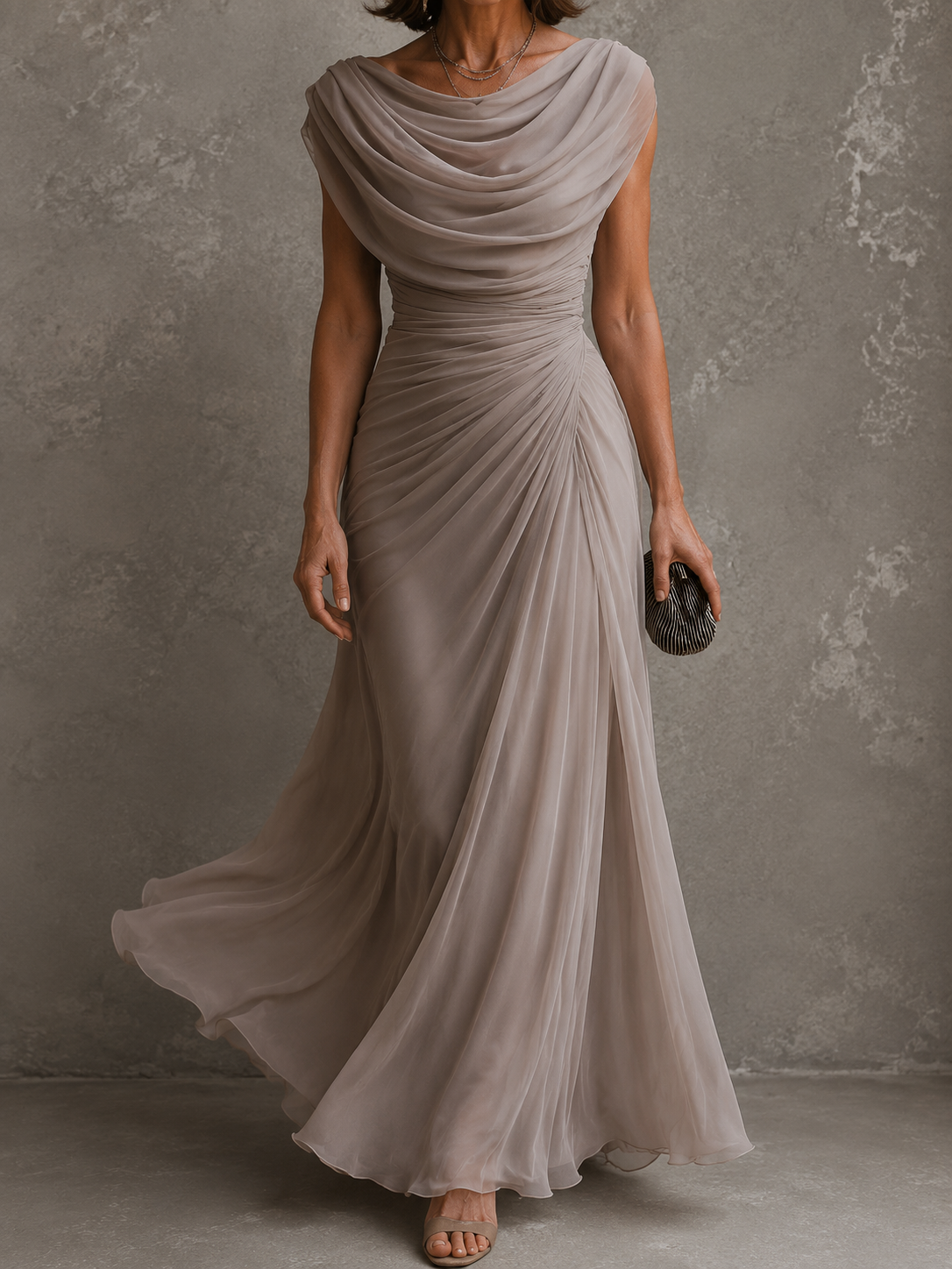 Beige draped cowl-neck maxi dress with cap sleeves and flowing gathered skirt
