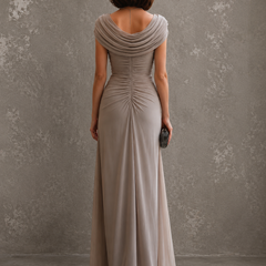 Beige back view maxi dress with draped cowl neckline and ruched waist