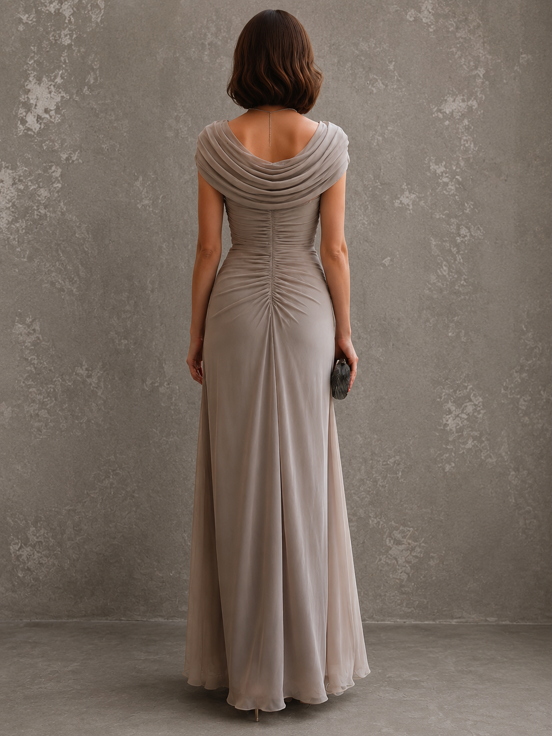 Beige back view maxi dress with draped cowl neckline and ruched waist