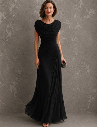 Black draped cowl-neck maxi dress with cap sleeves and ruched waist