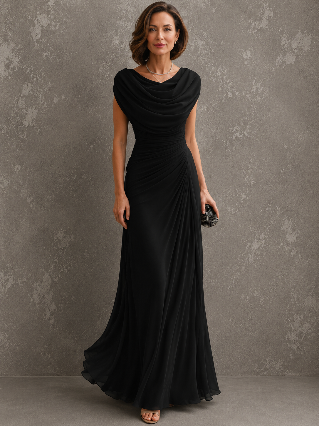 Black draped cowl-neck maxi dress with cap sleeves and ruched waist