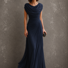 Navy blue draped cowl-neck maxi dress with cap sleeves and ruched waist