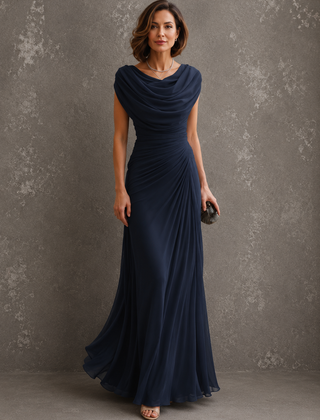 Navy blue draped cowl-neck maxi dress with cap sleeves and ruched waist