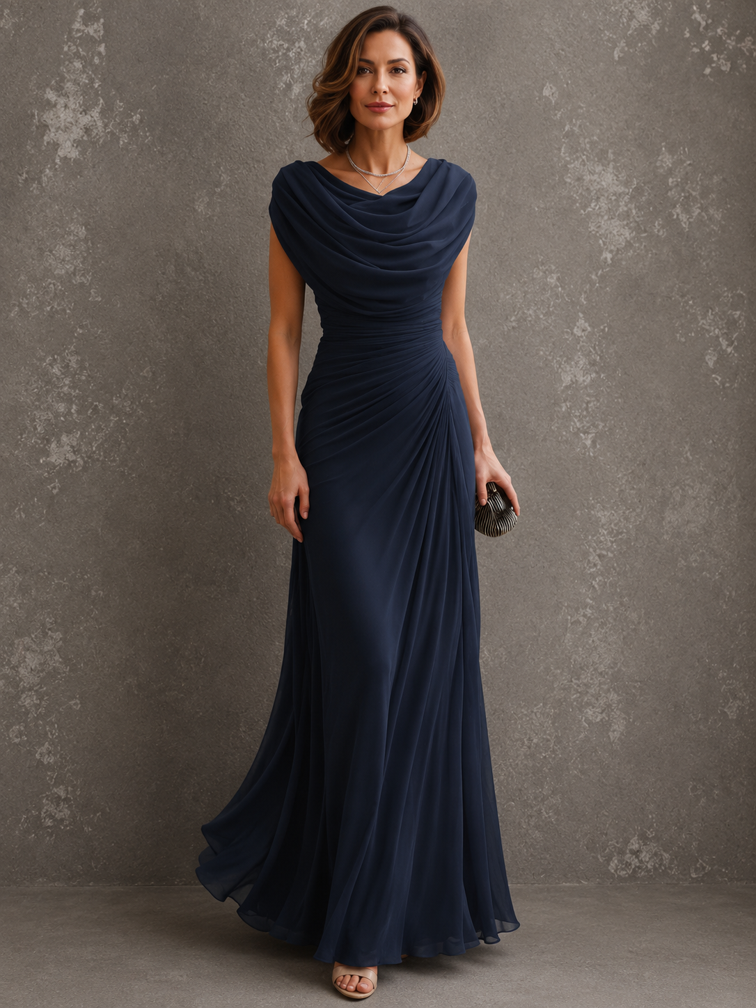 Navy blue draped cowl-neck maxi dress with cap sleeves and ruched waist
