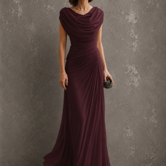 Burgundy draped cowl-neck maxi dress with cap sleeves and ruched waist