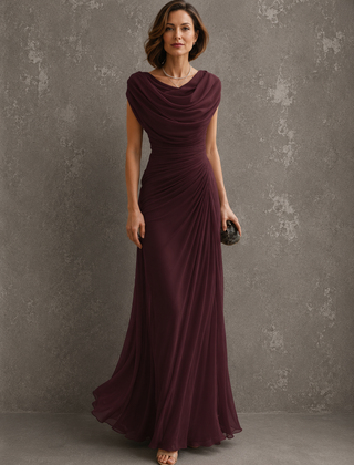 Burgundy draped cowl-neck maxi dress with cap sleeves and ruched waist