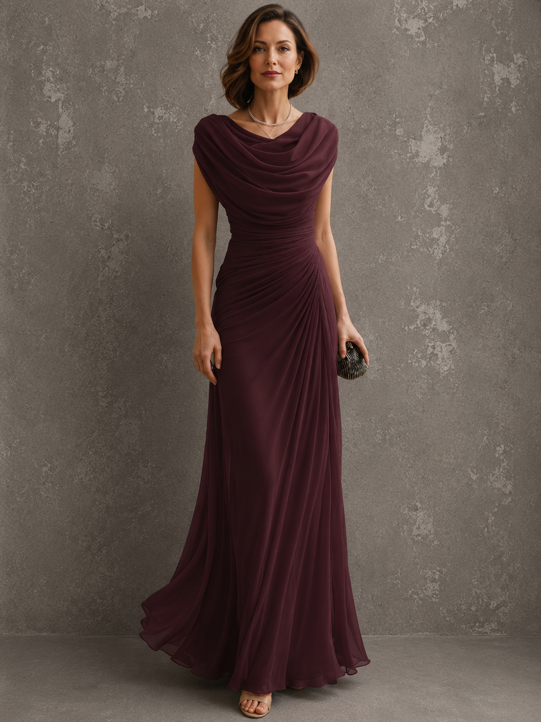 Burgundy draped cowl-neck maxi dress with cap sleeves and ruched waist