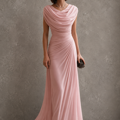 Blush pink draped cowl-neck maxi dress with cap sleeves and ruched waist