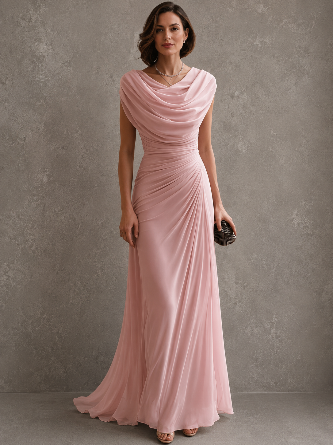 Blush pink draped cowl-neck maxi dress with cap sleeves and ruched waist