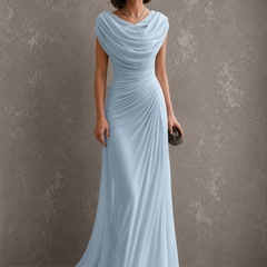 Light blue draped cowl-neck maxi dress with cap sleeves and ruched waist