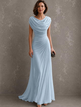 Light blue draped cowl-neck maxi dress with cap sleeves and ruched waist