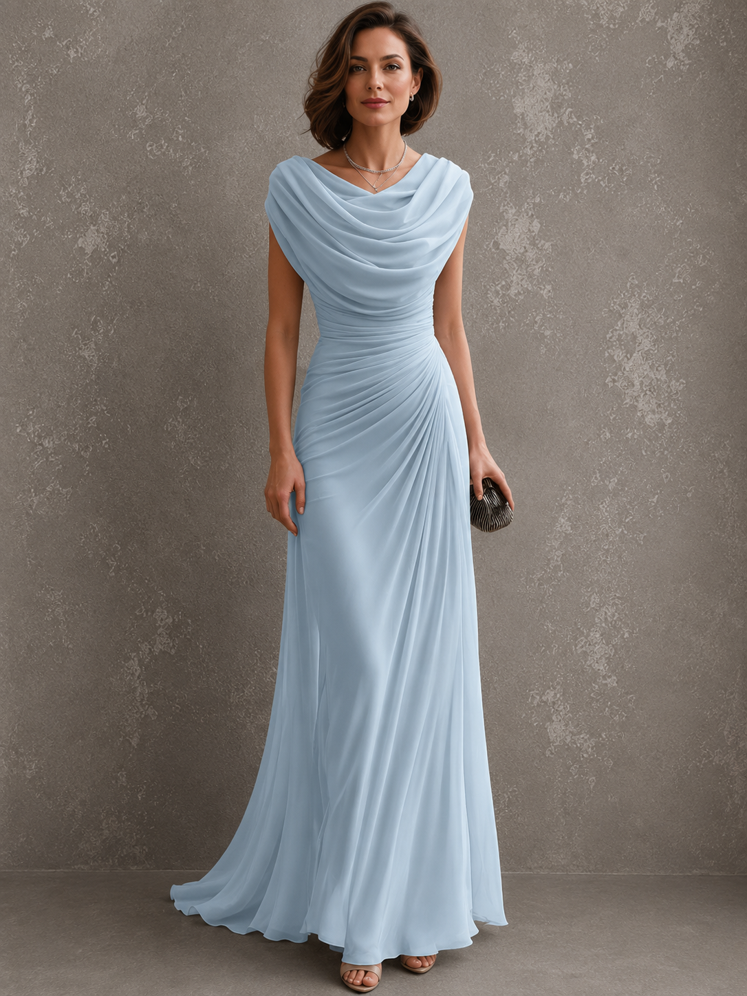 Light blue draped cowl-neck maxi dress with cap sleeves and ruched waist