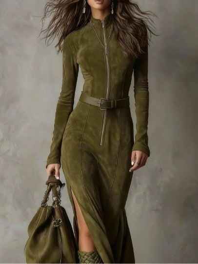 Olive suede maxi dress with front zip, waist belt, long sleeves, and side slit