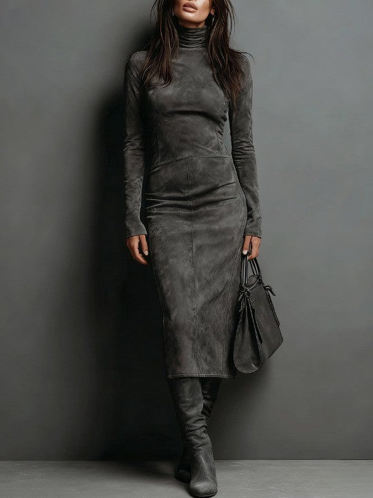 Dark gray velour maxi dress with high neck, long sleeves, fitted seam panel front