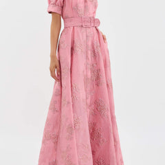Pink short puff-sleeve dress with pointed collar, button front, tie-belt waist