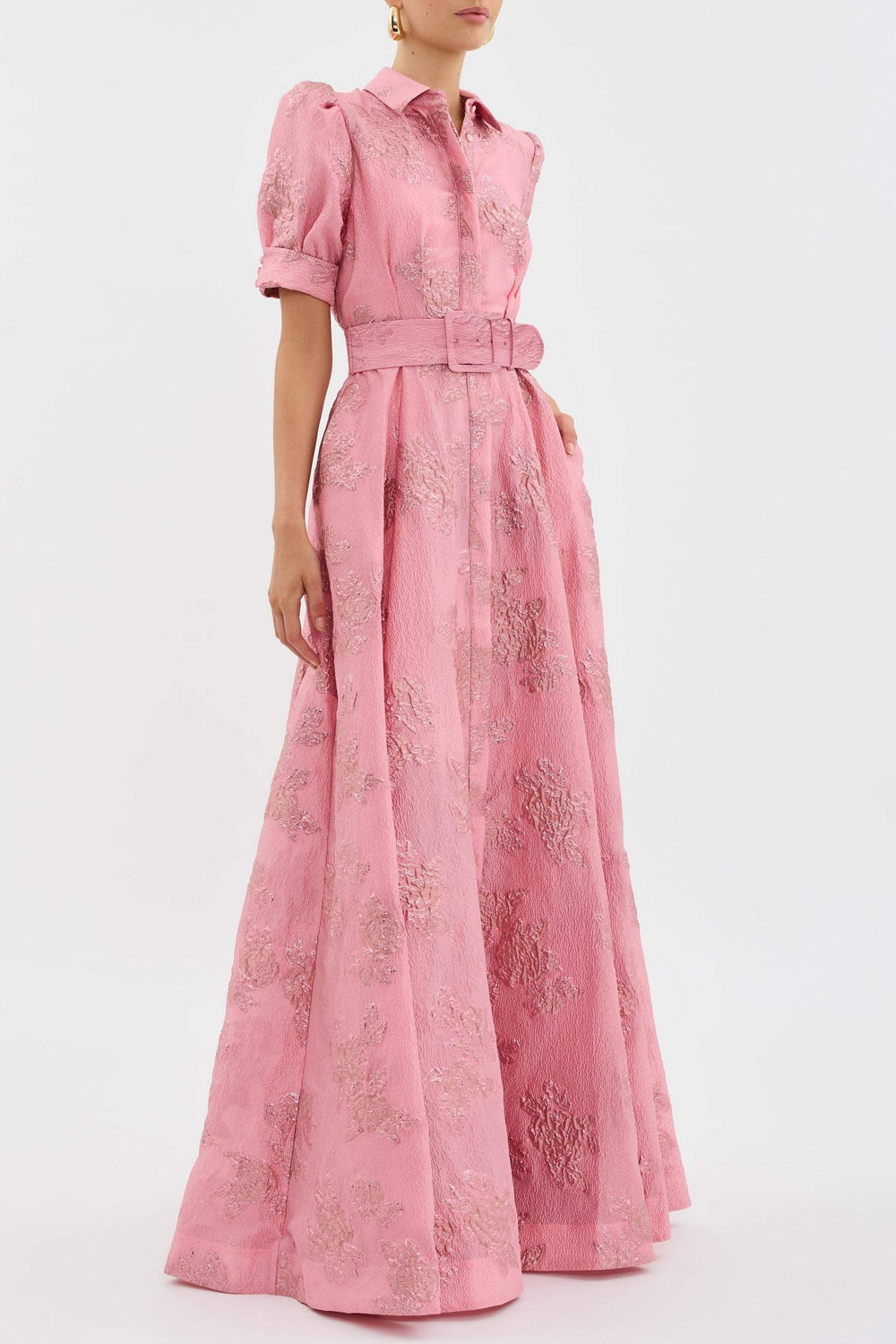 Pink short puff-sleeve dress with pointed collar, button front, tie-belt waist