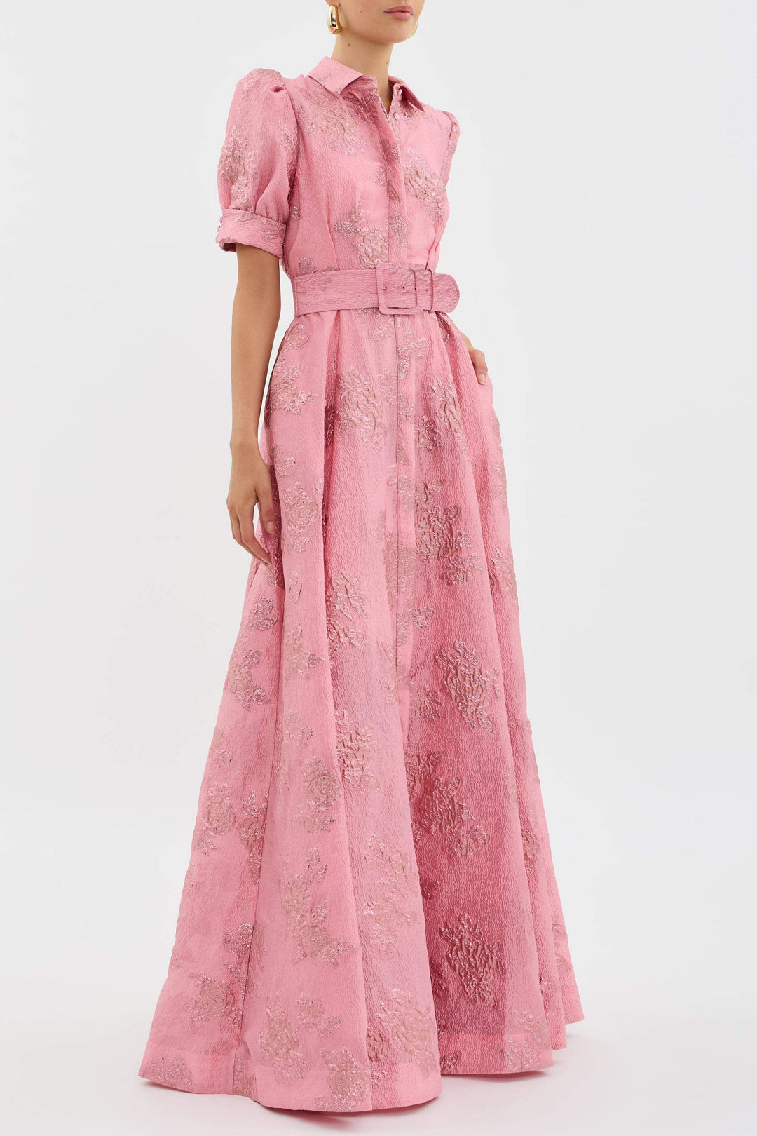 Pink short puff-sleeve dress with pointed collar, button front, tie-belt waist