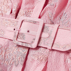 Pink textured short puff-sleeve dress belt with square buckle detail
