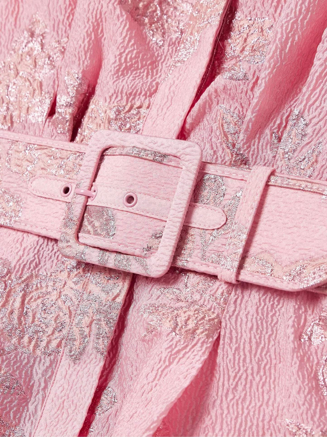 Pink textured short puff-sleeve dress belt with square buckle detail