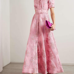 Pink belted short puff-sleeve dress with button front and allover textured print
