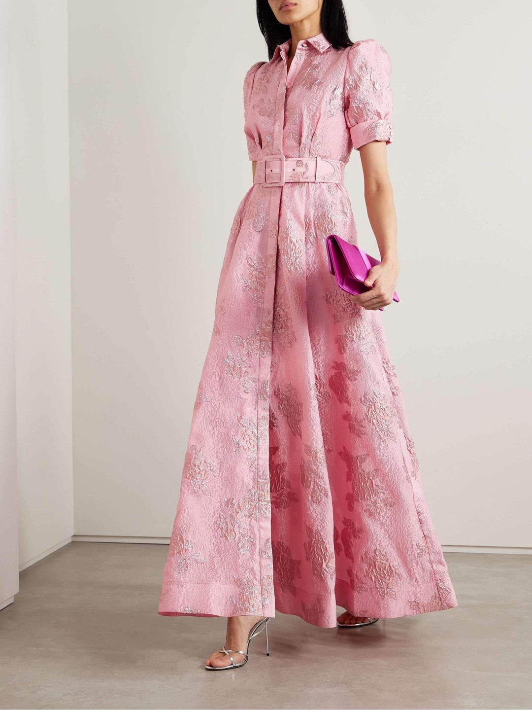 Pink belted short puff-sleeve dress with button front and allover textured print