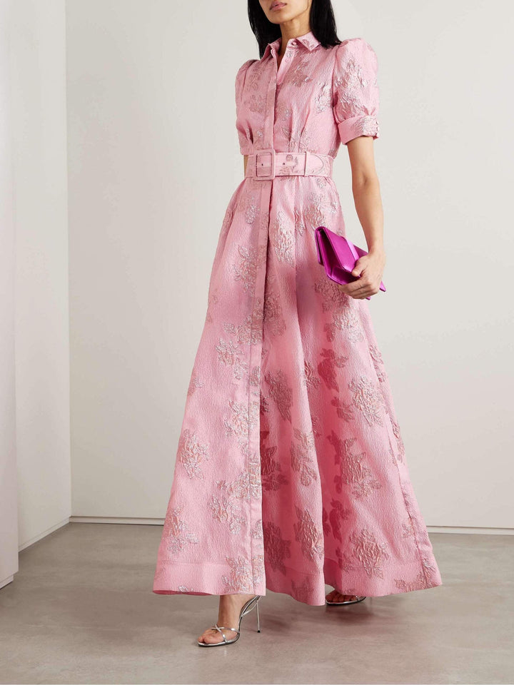 Pink belted short puff-sleeve dress with button front and allover textured print