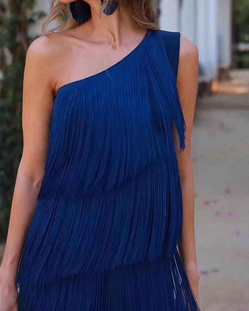 Off-shoulder tiered fringe maxi dress in royal blue, draped one-shoulder fringe