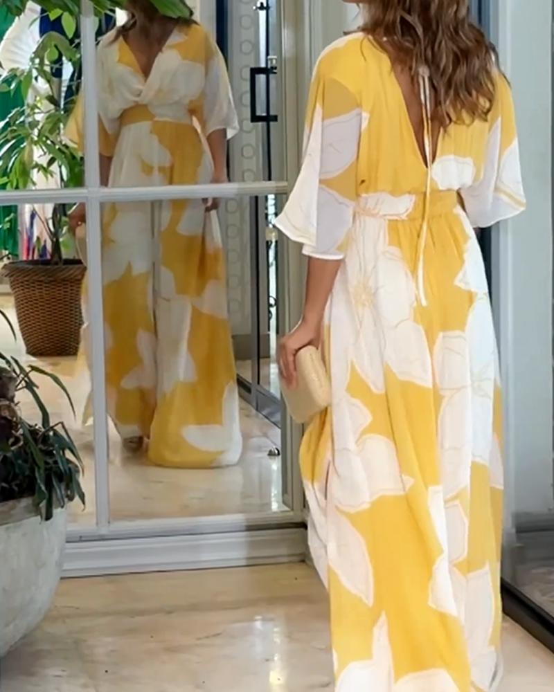 Yellow and white floral maxi dress, V-neck wrap, three-quarter sleeves