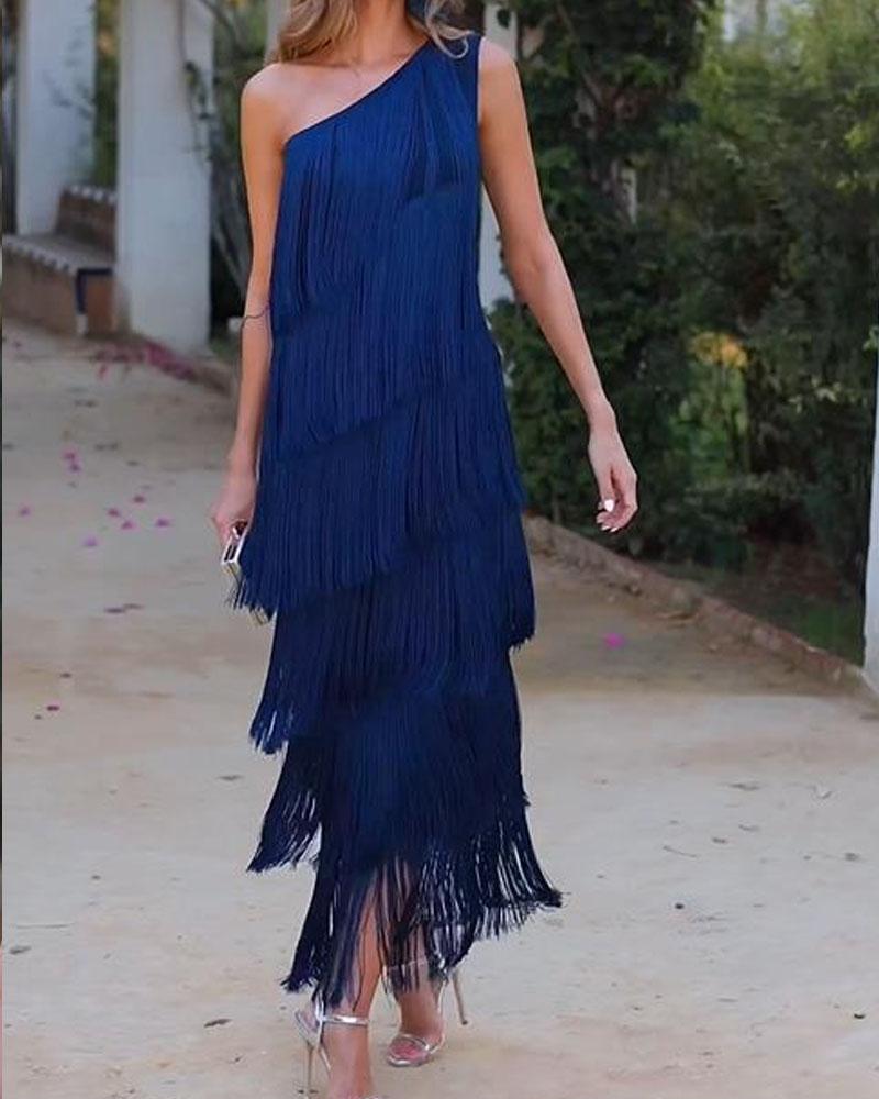 Blue one-shoulder fringe dress with layered tassel tiers and fitted silhouette