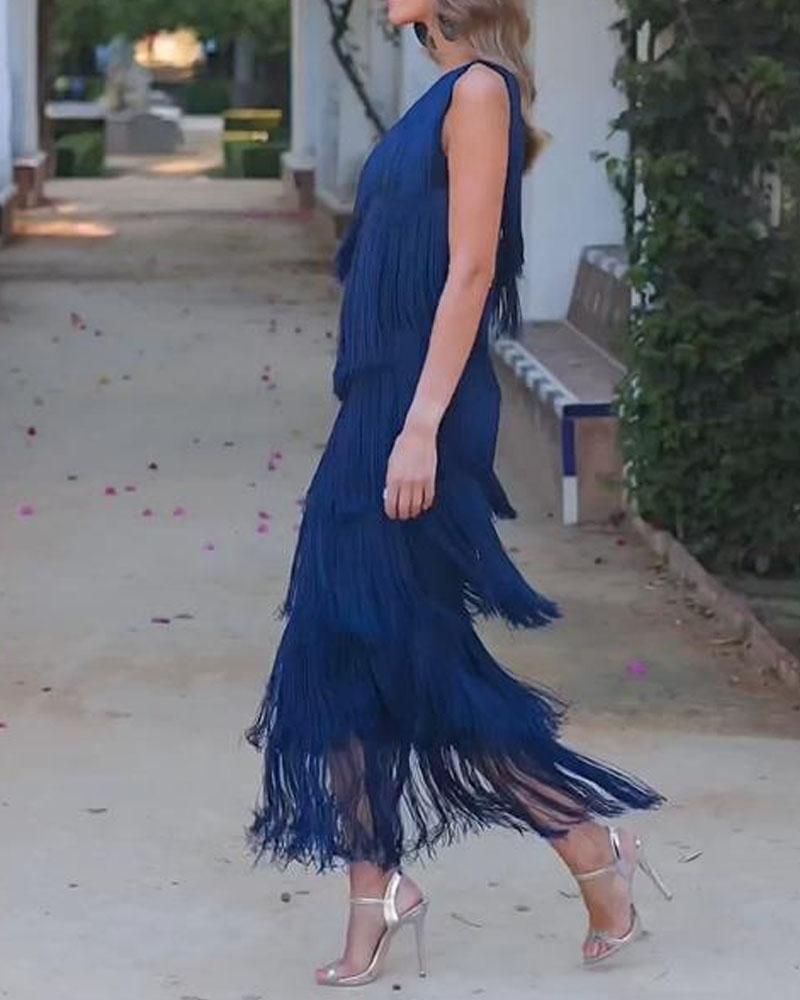 Off-shoulder tiered fringe maxi dress in royal blue, sleeveless tassel layers