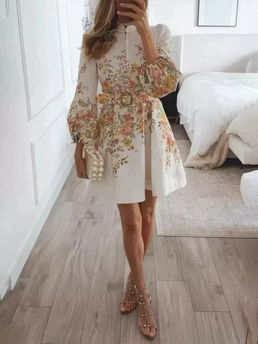 Floral printed button-front mini dress with long sleeves