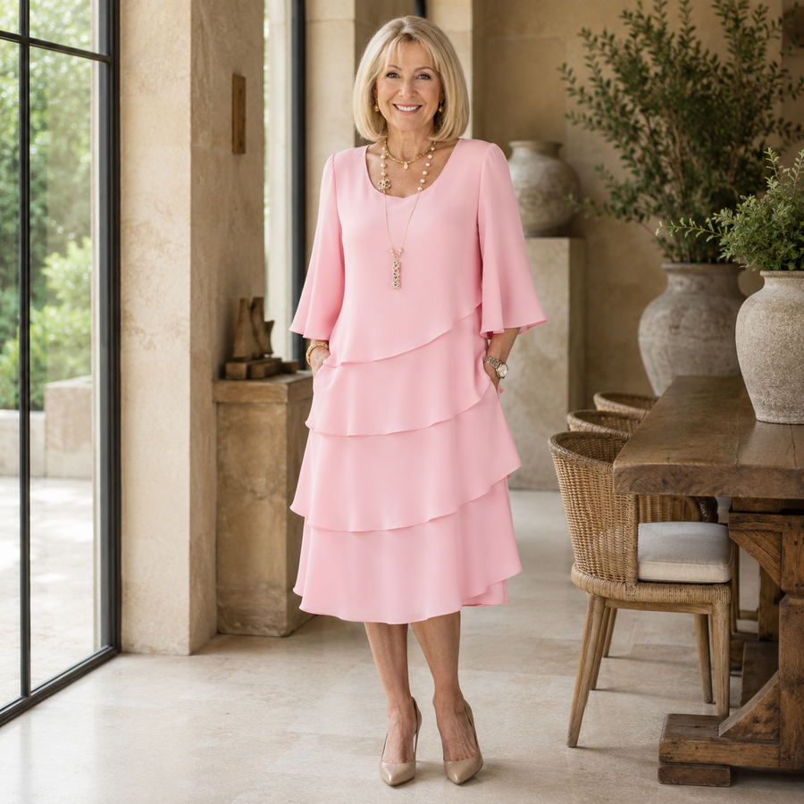 Pink tiered ruffle dress with three-quarter sleeves and layered midi skirt