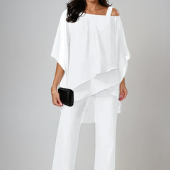 White layered two-piece set with draped top and wide-leg pants