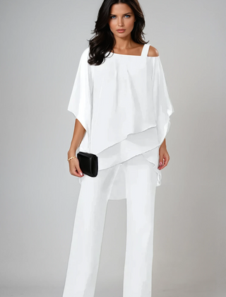 White layered two-piece set with draped top and wide-leg pants