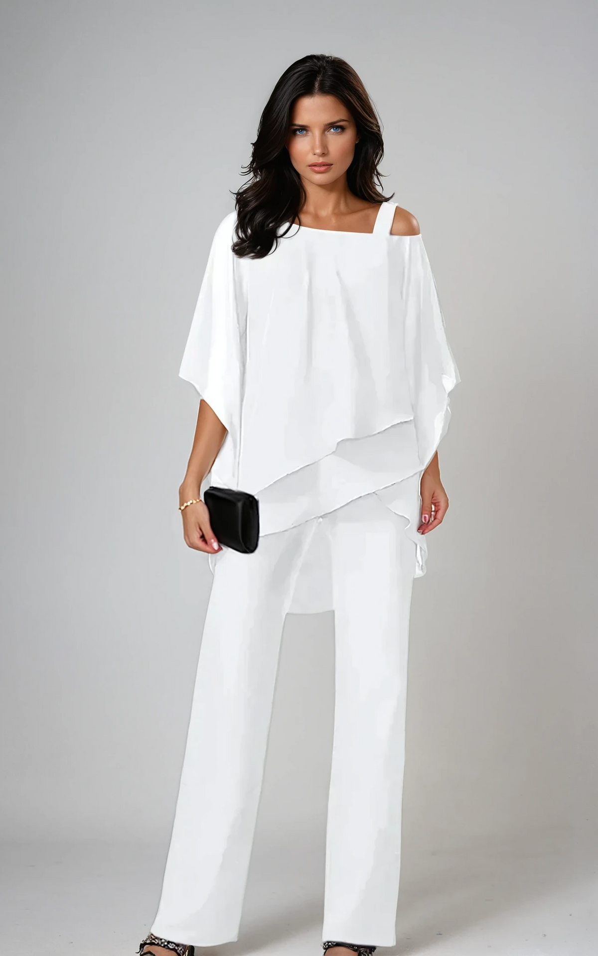 White layered two-piece set with draped top and wide-leg pants